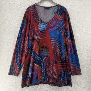 Ali Miles Blouse Womens XL Geometric Tunic V Neck Long Sleeve Relaxed Fit Top